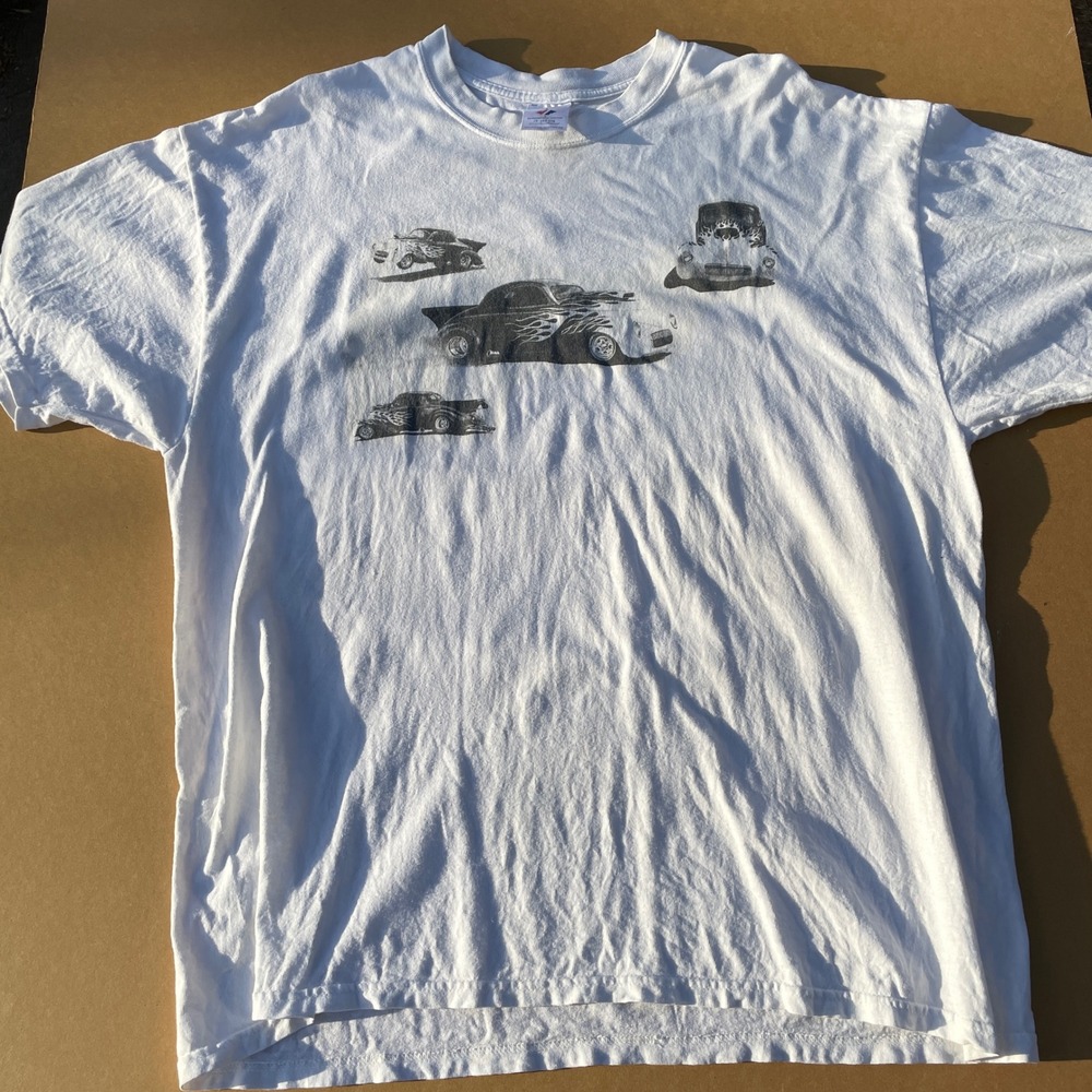 Jerzees Graphic T-Shirt Mens 2XL White Hot Rod Car Flame Tee Heavyweight Cotton